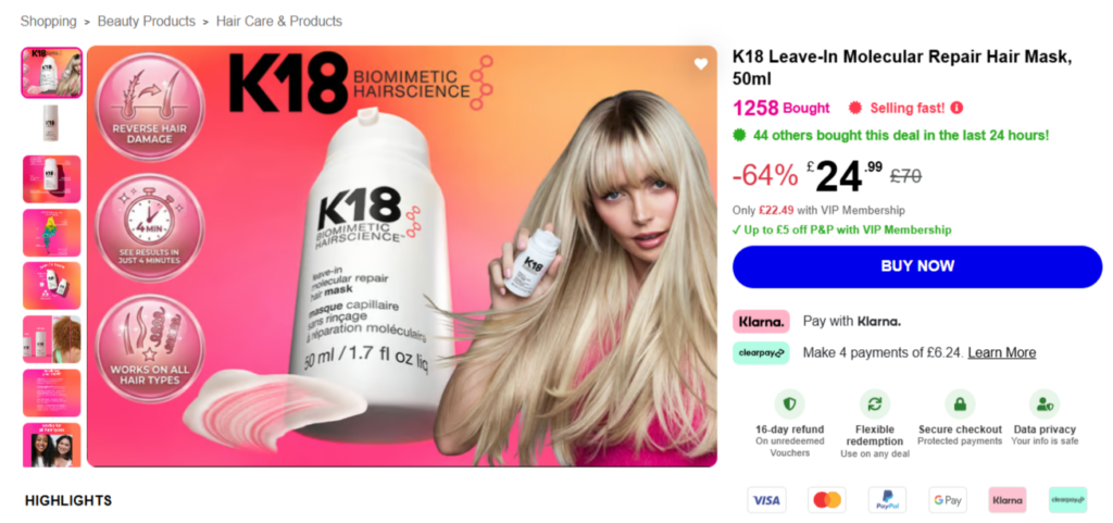 Карточка маски K18 со скидкой 64% и оплатой через Klarna на e-commerce-лендинге