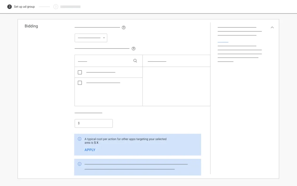 Экран Google Ads с подсказкой о типичной стоимости действия при настройке кампании для приложения