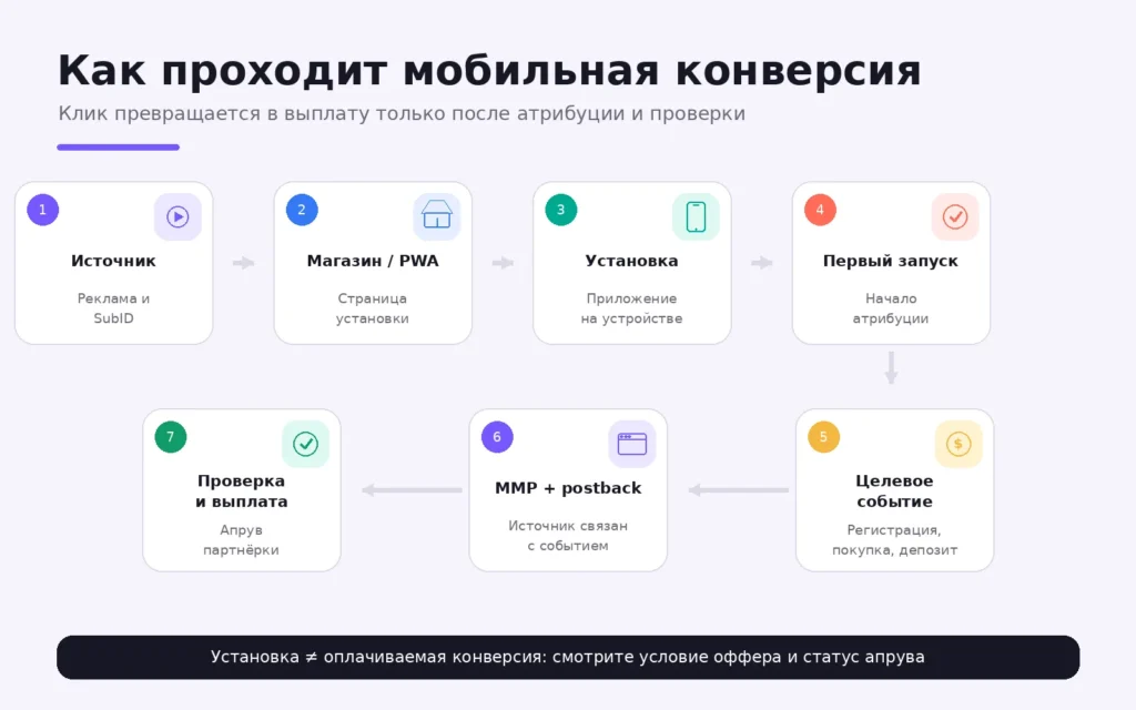 Воронка мобильной конверсии от рекламного источника до проверки и выплаты