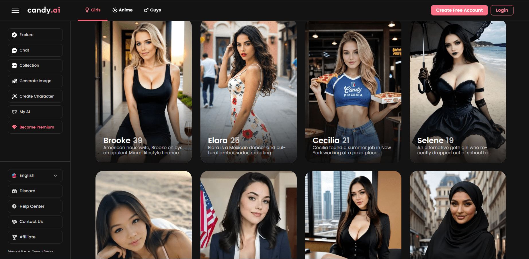 каталог персонажей Candy AI
