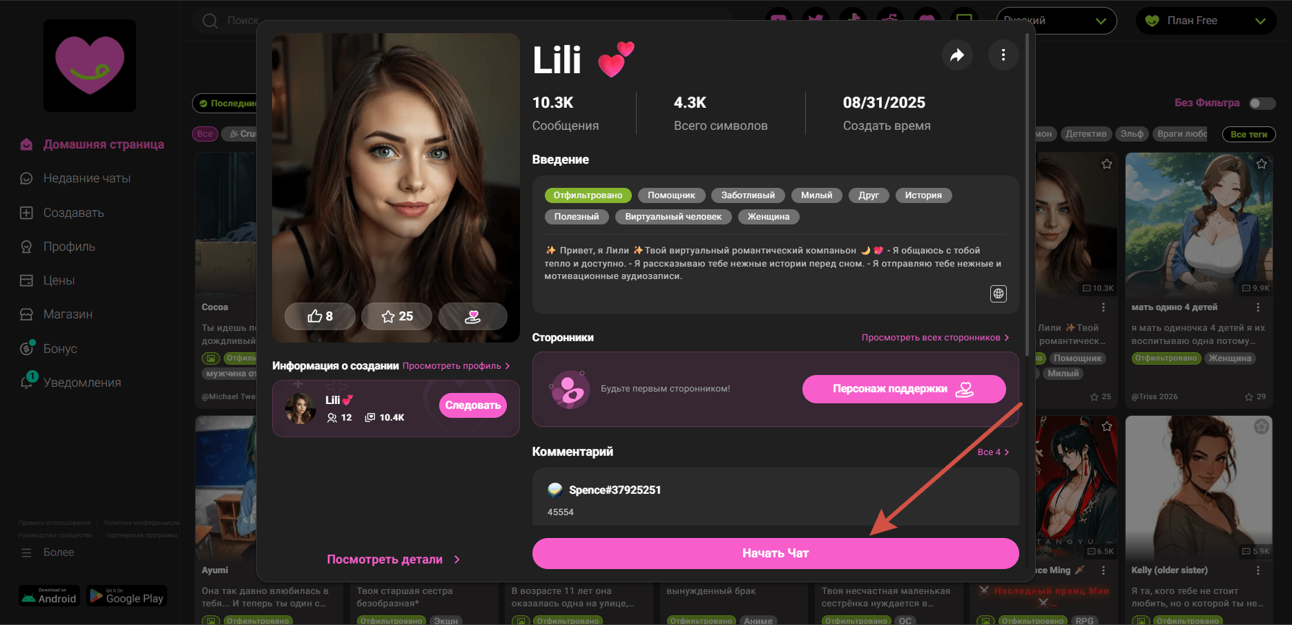 начало общения в Crushon AI