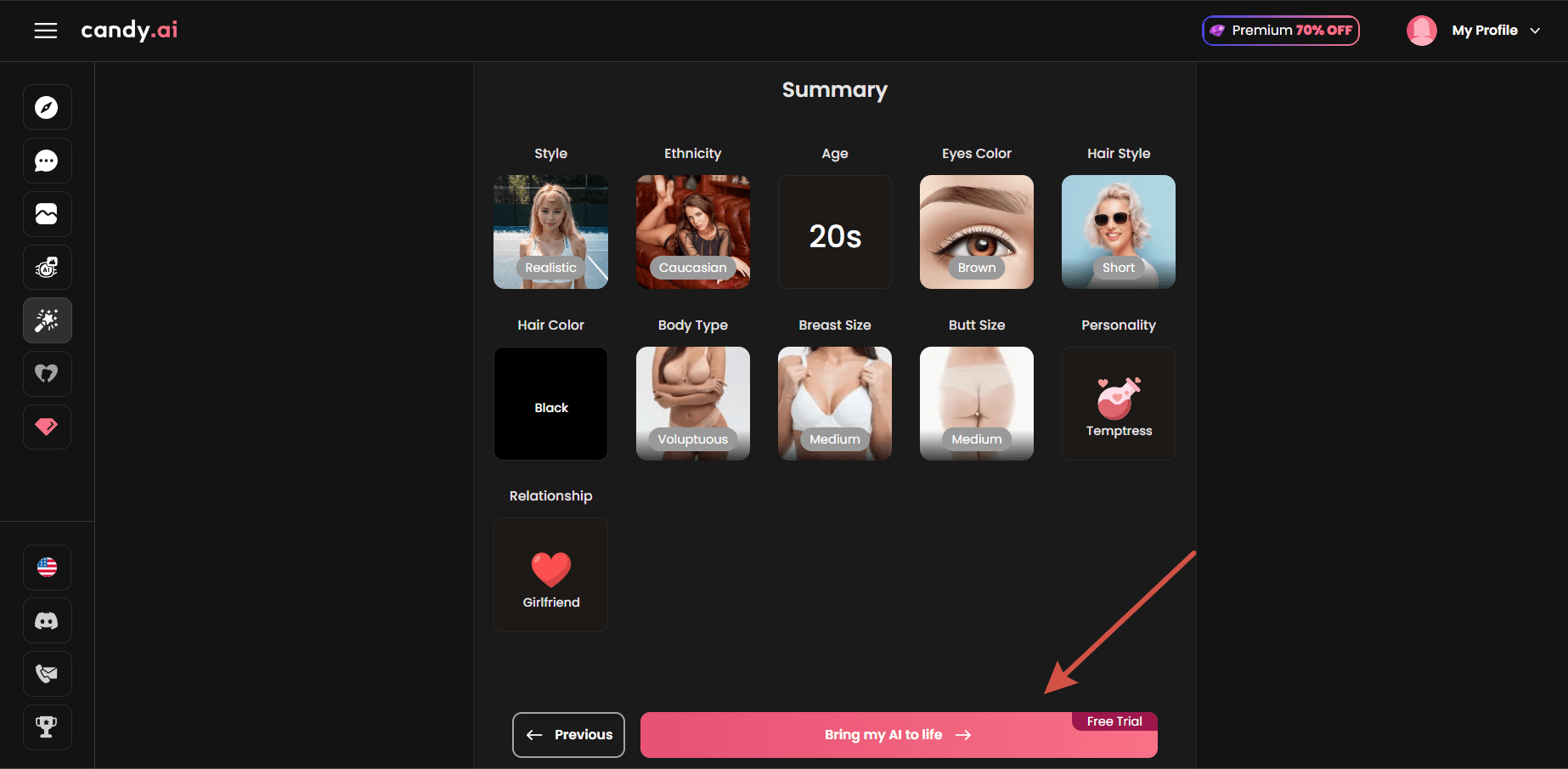 создание виртуального героя в Candy AI