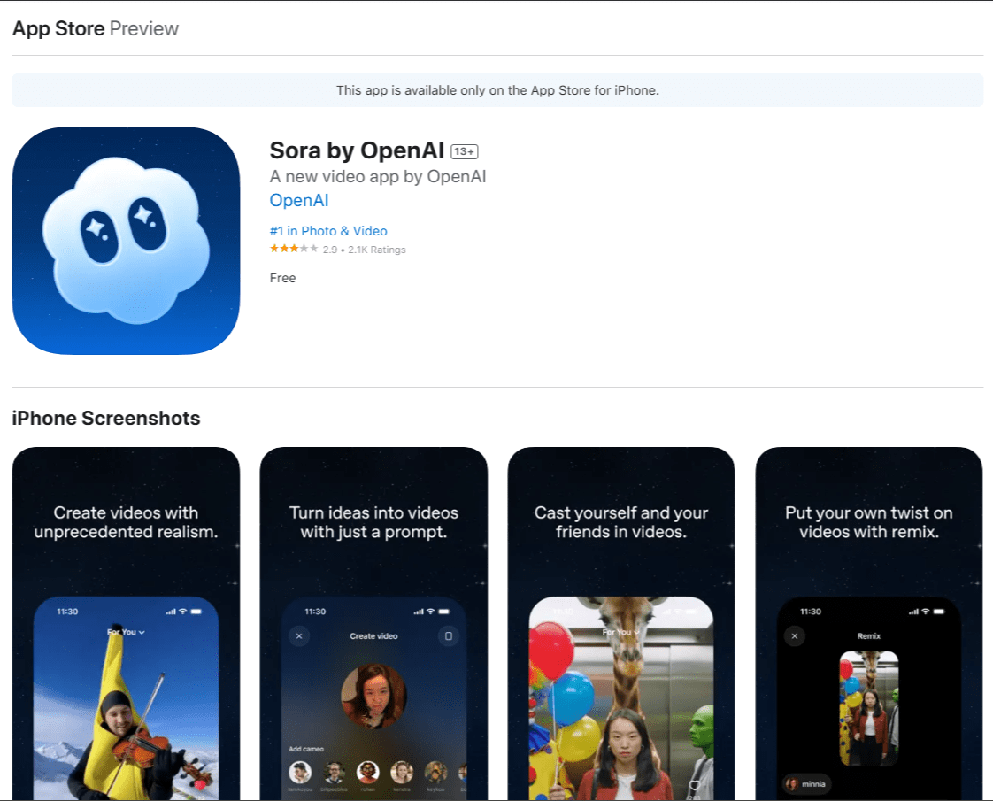 приложение на IOS Sora 2