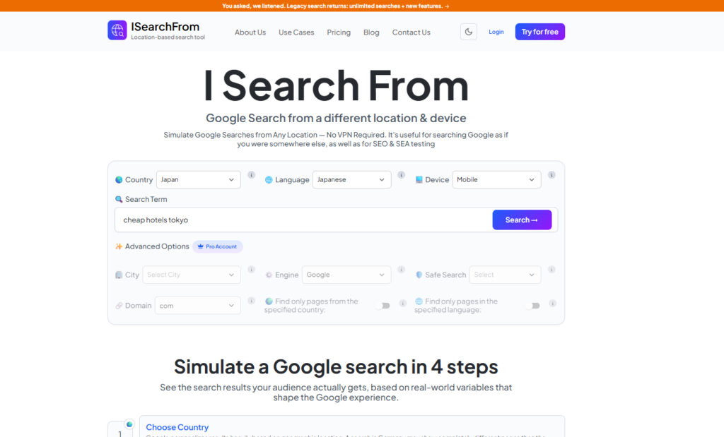 iSearchFrom — сервис для проверки выдачи Google по разным ГЕО без смены IP