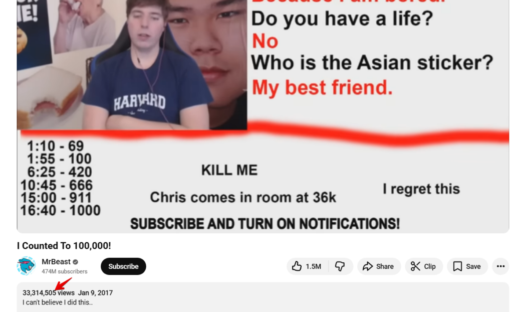 Первый вирусный ролик MrBeast со счётом до 100 000
