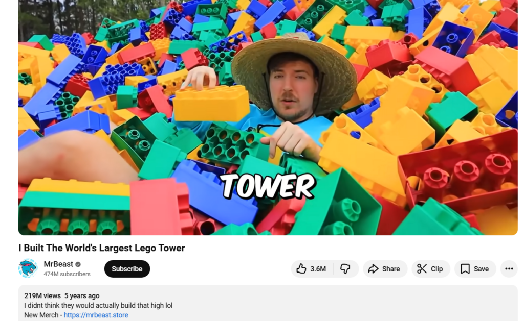 MrBeast в ролике о строительстве огромной башни Lego
