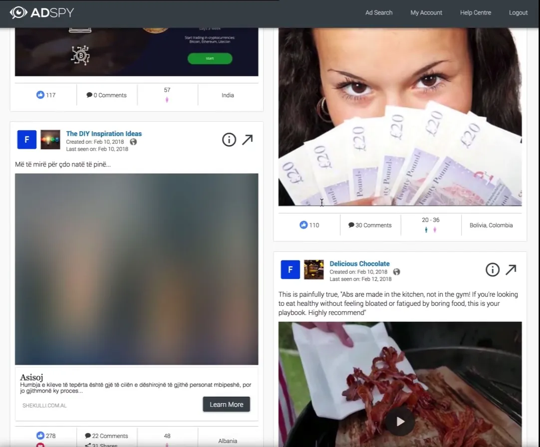 Скриншот AdSpy с примерами баннерной рекламы и креативов для анализа конкурентов
