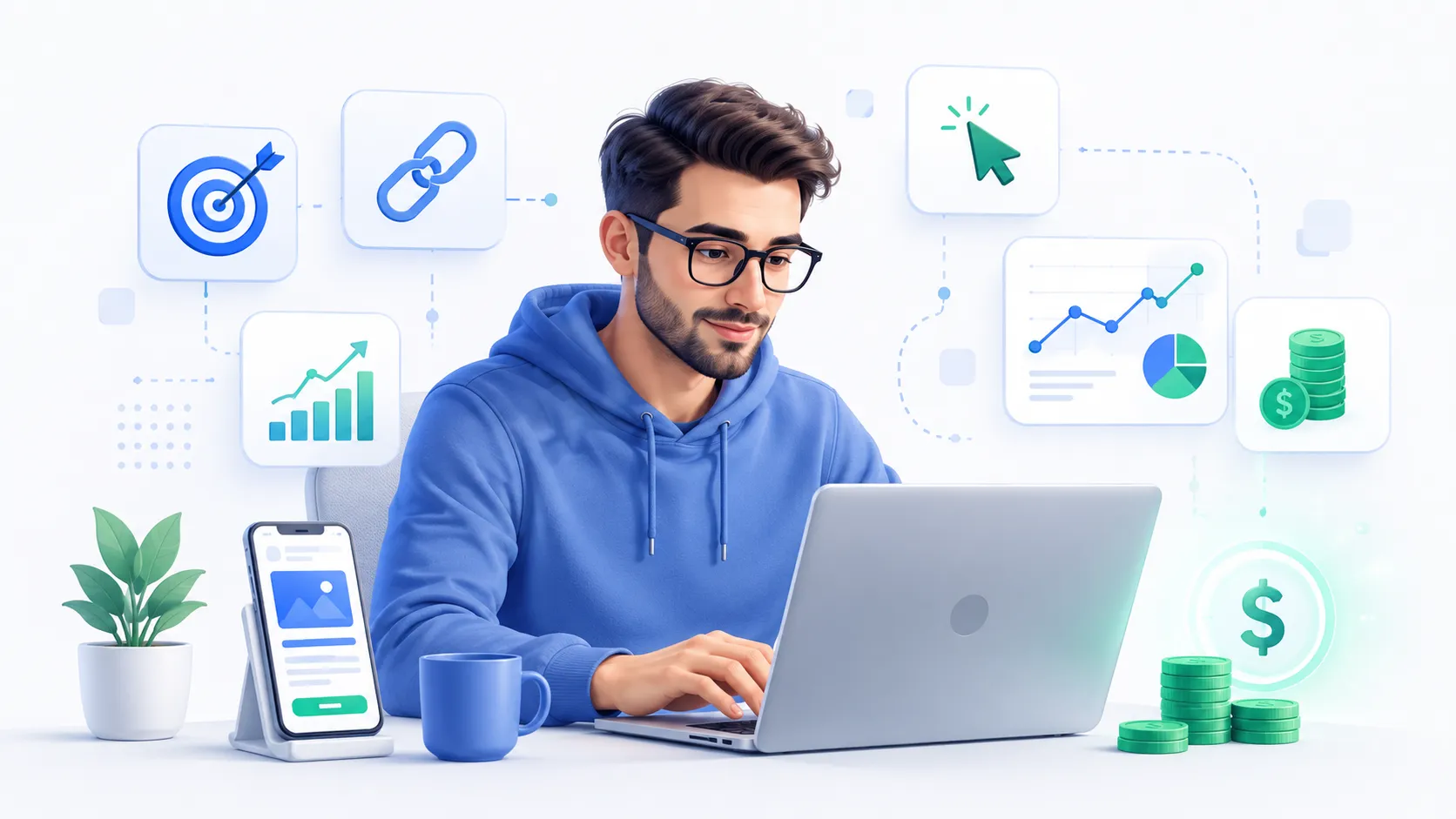 Вебмастер работает с партнёрскими ссылками, аналитикой трафика и доходом в affiliate marketing