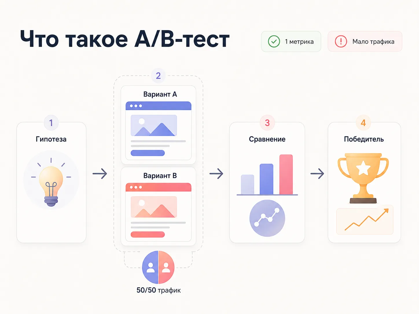 Инфографика о том, что такое A/B-тестирование: гипотеза, варианты A и B, сравнение результатов и выбор победителя