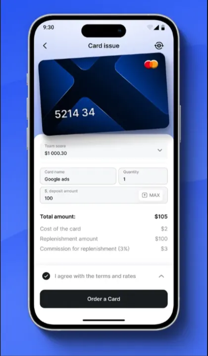 Экран выпуска виртуальной карты e.PN для Google Ads со стоимостью карты, суммой пополнения и комиссией