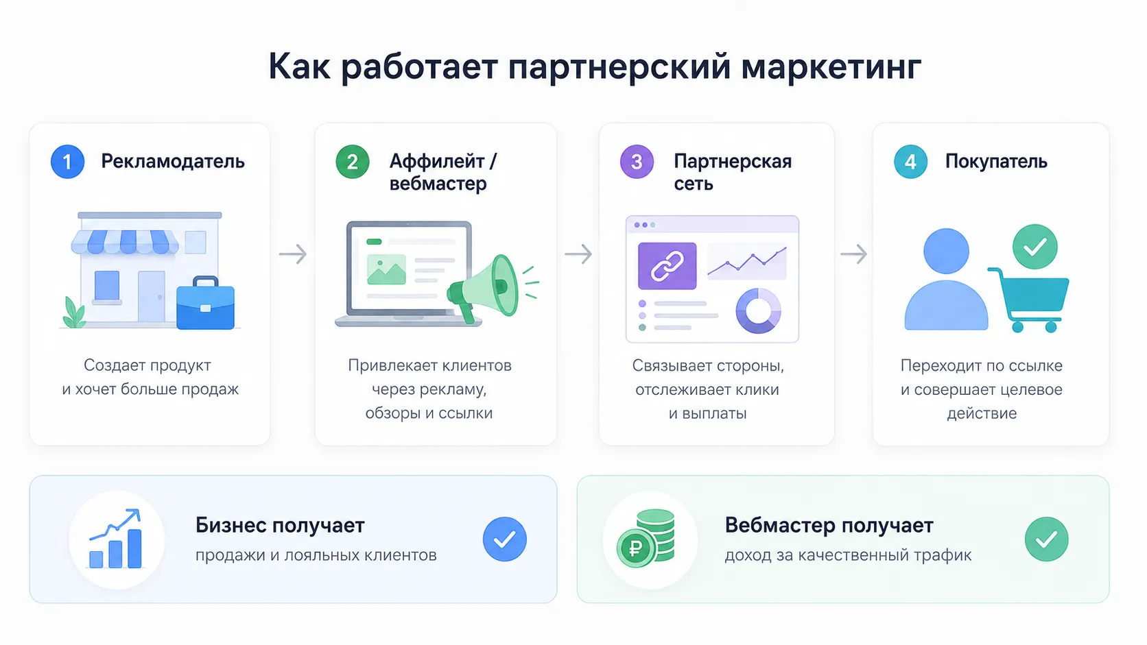 Схема работы партнёрского маркетинга: рекламодатель, аффилиейт, партнёрская сеть и покупатель