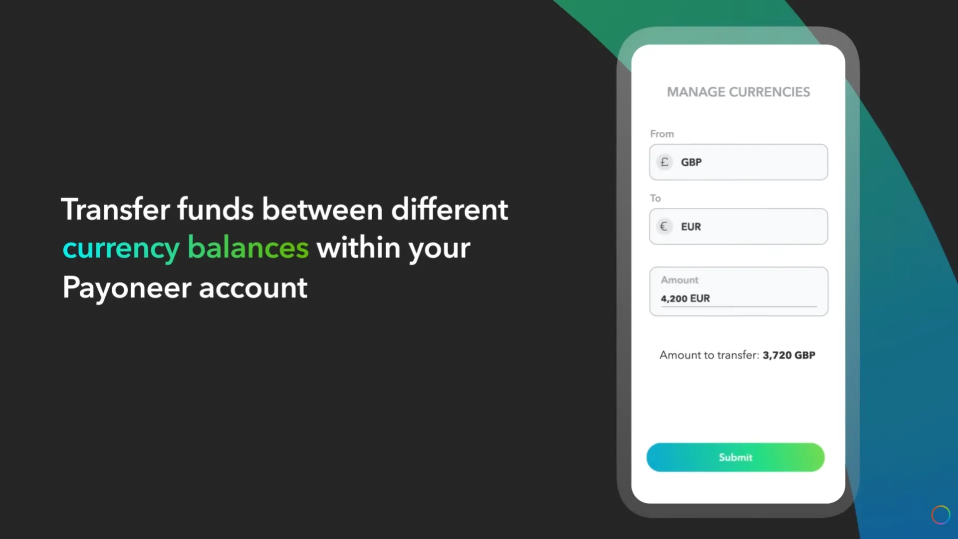 Обмен средств между валютными балансами GBP и EUR в аккаунте Payoneer