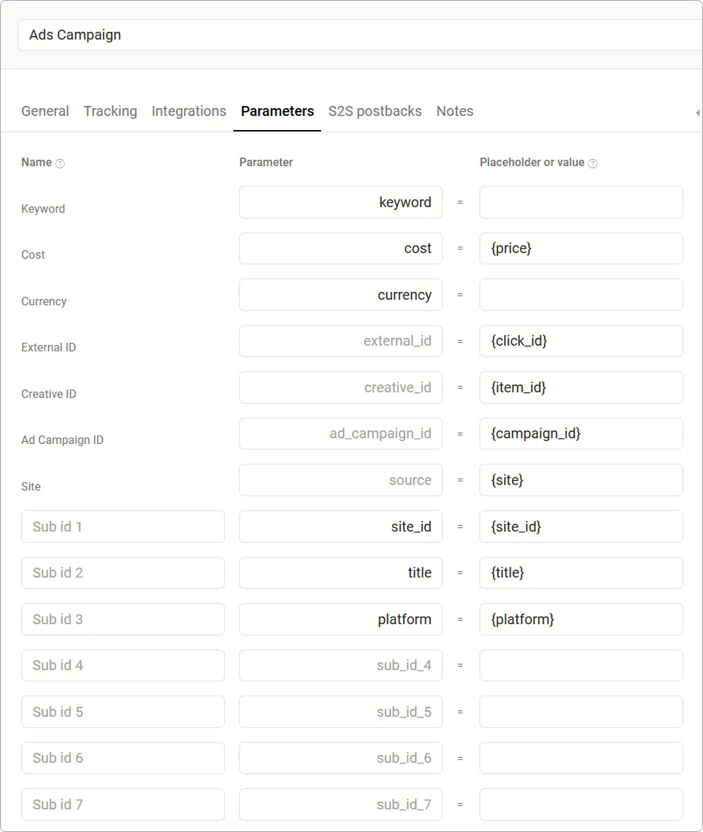 Настройка параметров рекламной кампании в трекере: cost, click ID, creative ID, campaign ID, site ID и subID