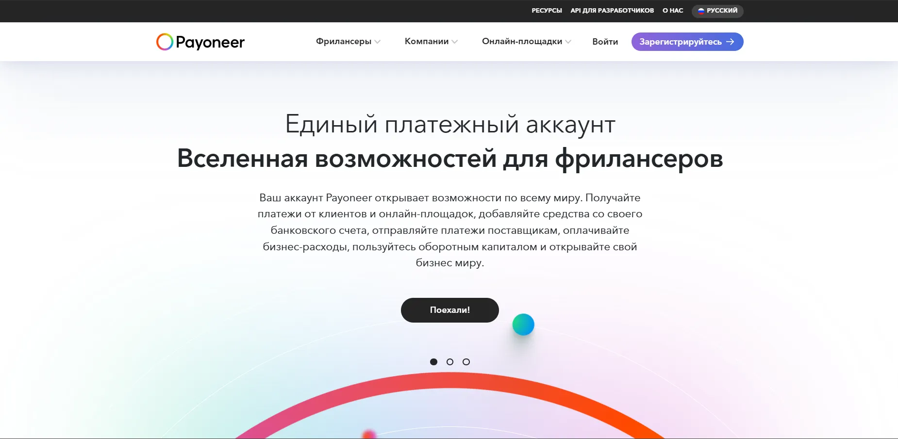 Главная страница Payoneer с возможностями получения платежей, оплаты расходов и вывода денег