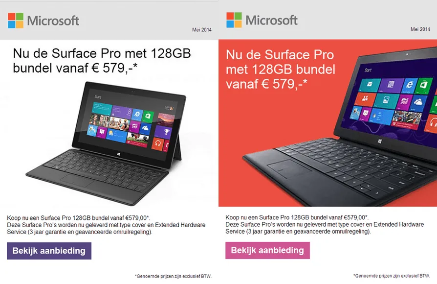 Пример A/B-теста рекламных креативов Microsoft Surface Pro с двумя разными вариантами объявления