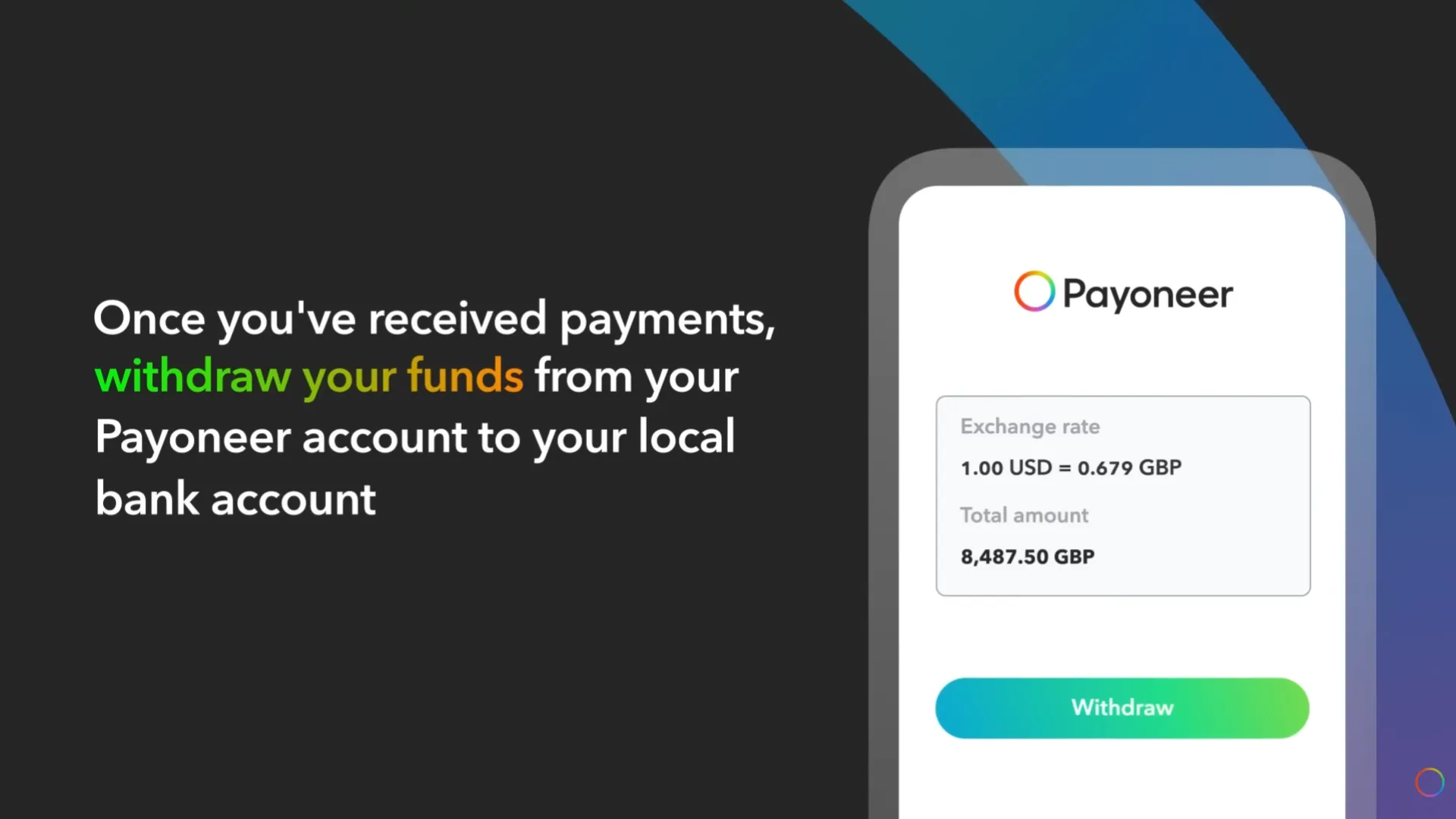 Вывод средств из Payoneer на локальный банковский счёт с отображением курса обмена