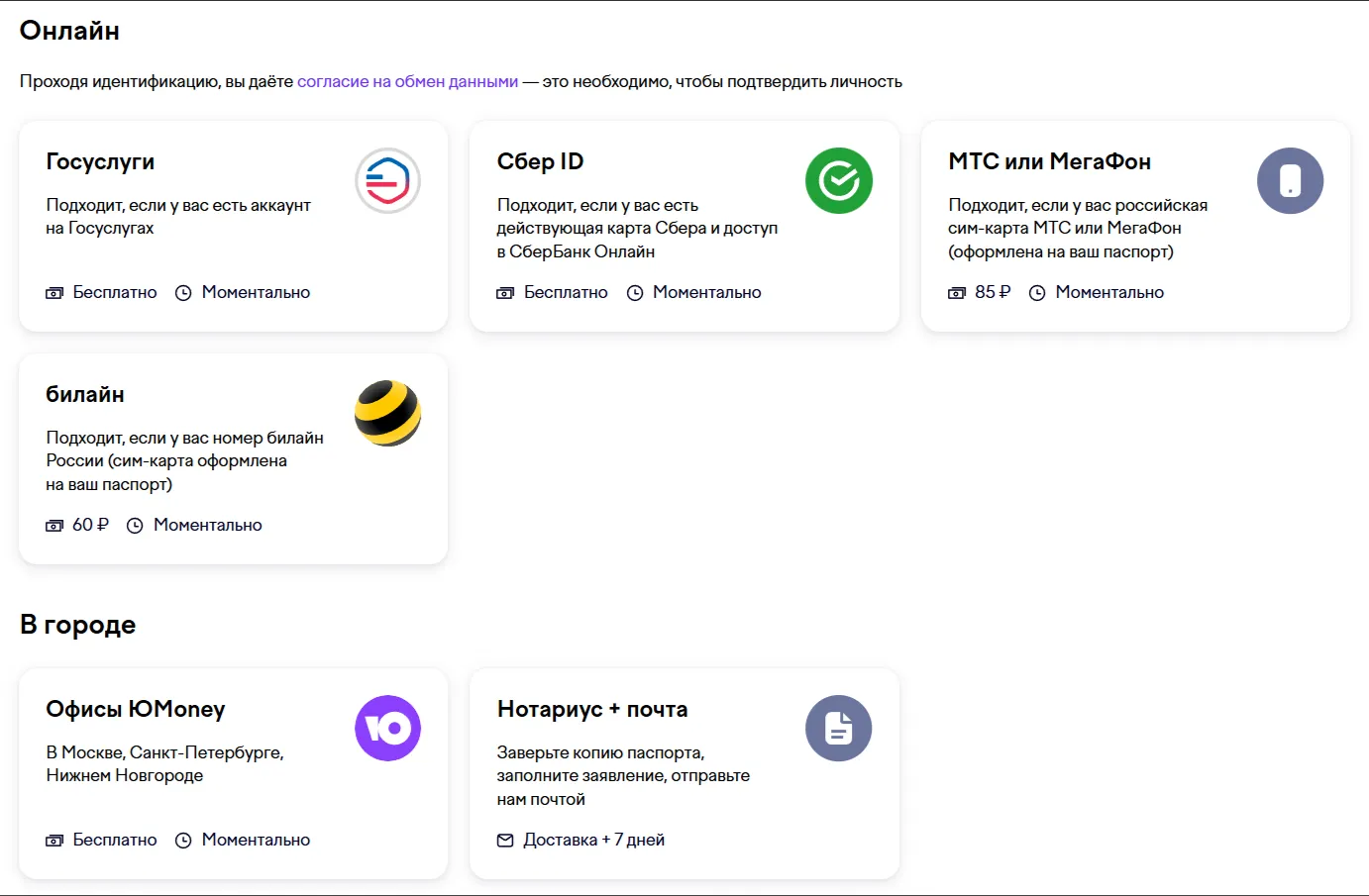Способы идентификации кошелька ЮMoney через Госуслуги, Сбер ID, мобильного оператора, офис или нотариуса