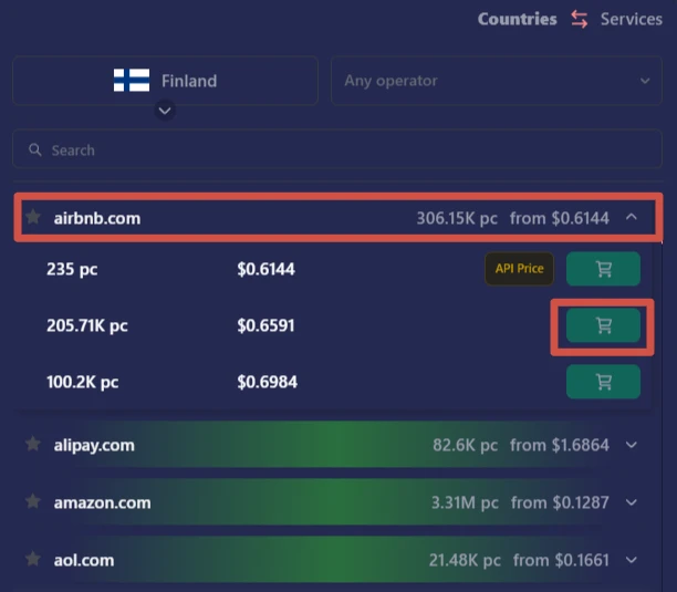 Развёрнутая карточка покупки номера VAK-SMS для Airbnb с вариантами цены
