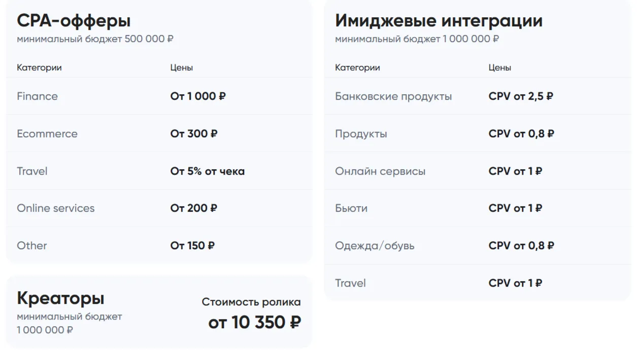 Тарифы GetBlogger на CPA-офферы, имиджевые интеграции и работу с креаторами