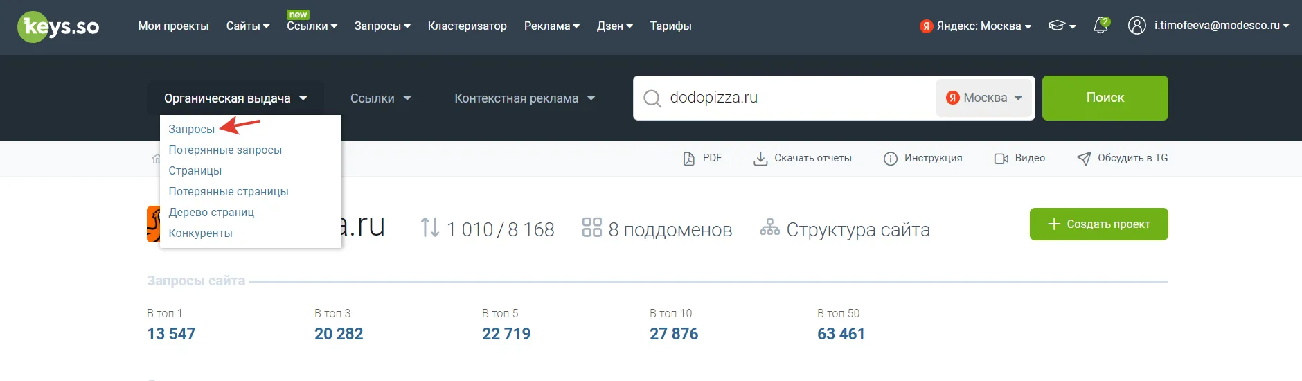 Отчёт по запросам сайта в Keys.so с распределением позиций по топ-1, топ-10 и топ-50