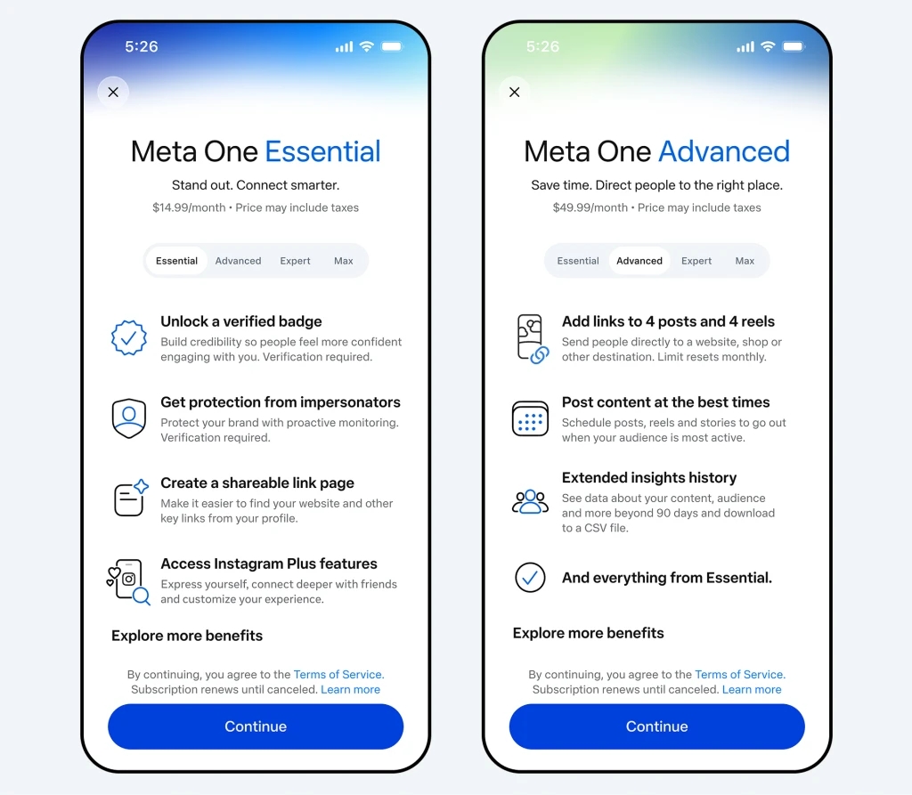 тарифы meta one Essential и Advanced