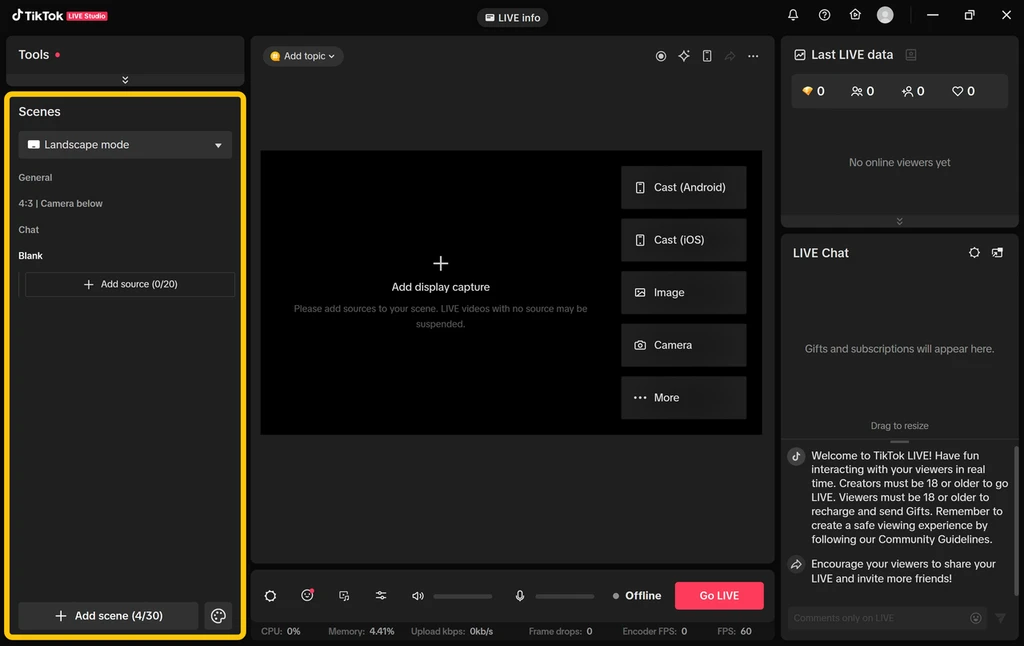 Интерфейс TikTok LIVE Studio со сценами, источниками и чатом