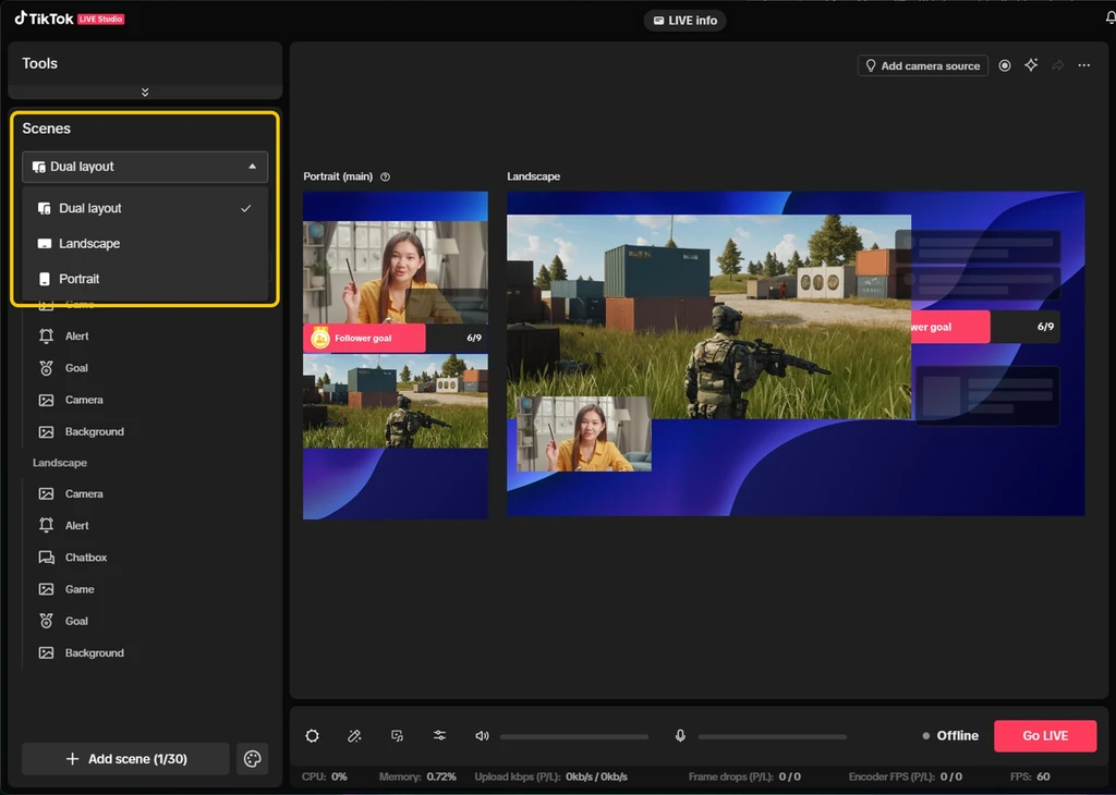 Настройка сцен и Dual layout в TikTok LIVE Studio