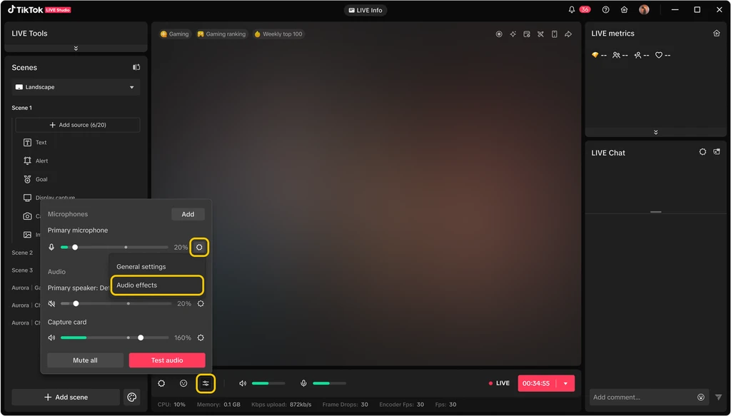 Аудиомикшер TikTok LIVE Studio с микрофоном и системным звуком