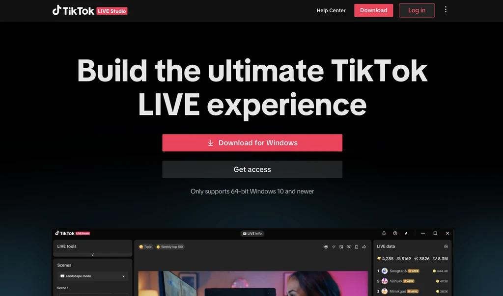 Страница загрузки TikTok LIVE Studio для Windows