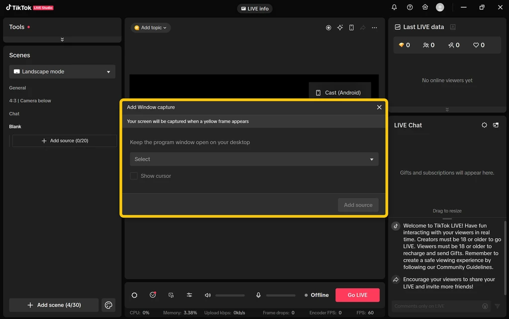 Добавление Window Capture в TikTok LIVE Studio