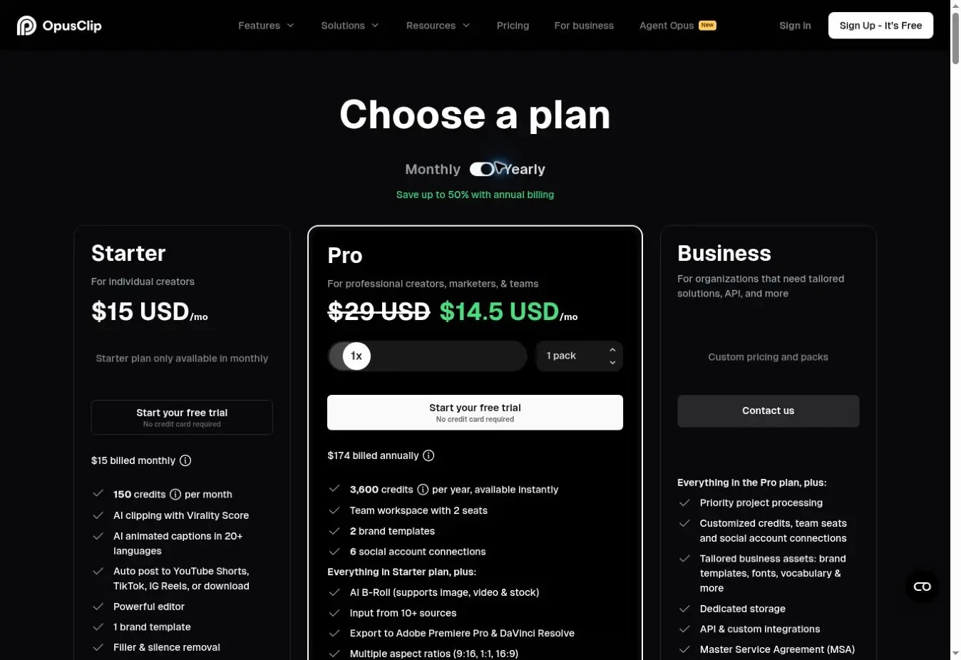 Страница тарифов OpusClip с планами Starter, Pro и Business