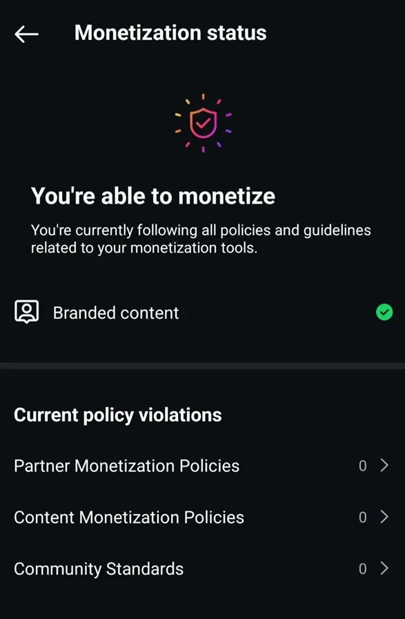 Статус монетизации и нарушения правил в Instagram