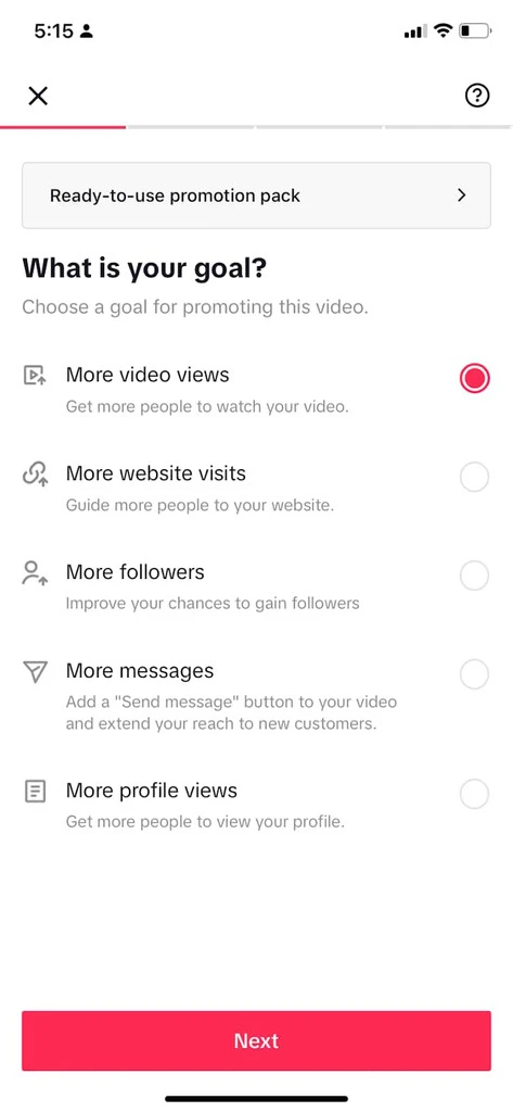 Цель More followers в TikTok Promote