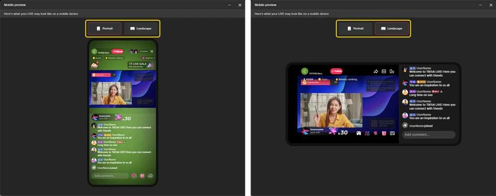 Предпросмотр трансляции TikTok LIVE Studio на мобильном устройстве