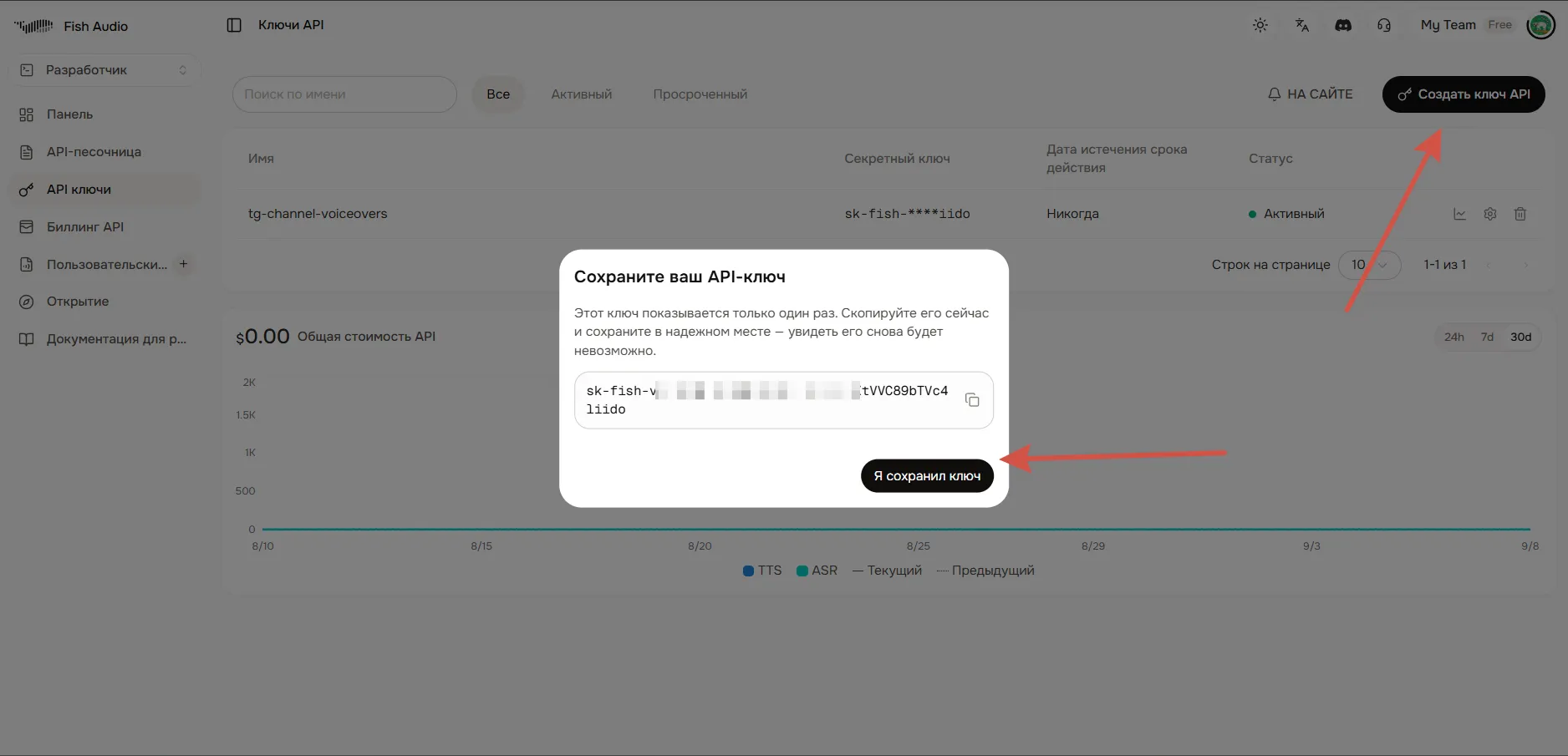 Раздел управления API-ключами в Fish Audio