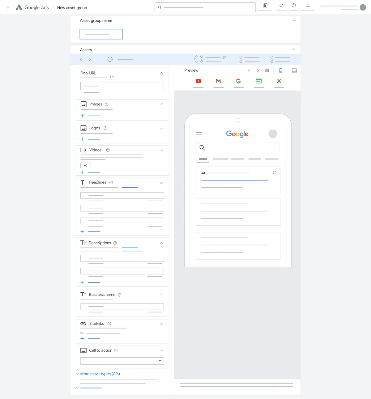 Интерфейс Google Ads при создании группы объектов Performance Max: добавление изображений, логотипов, видео, заголовков, описаний и ссылок