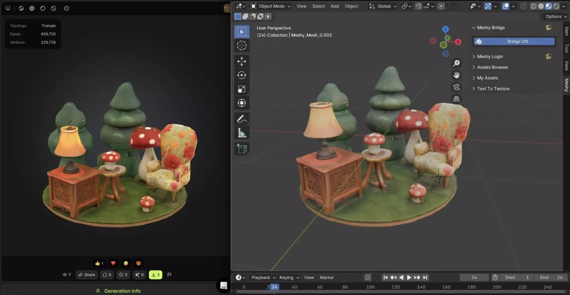 Перенос 3D-сцены из Meshy AI в Blender через Meshy Bridge