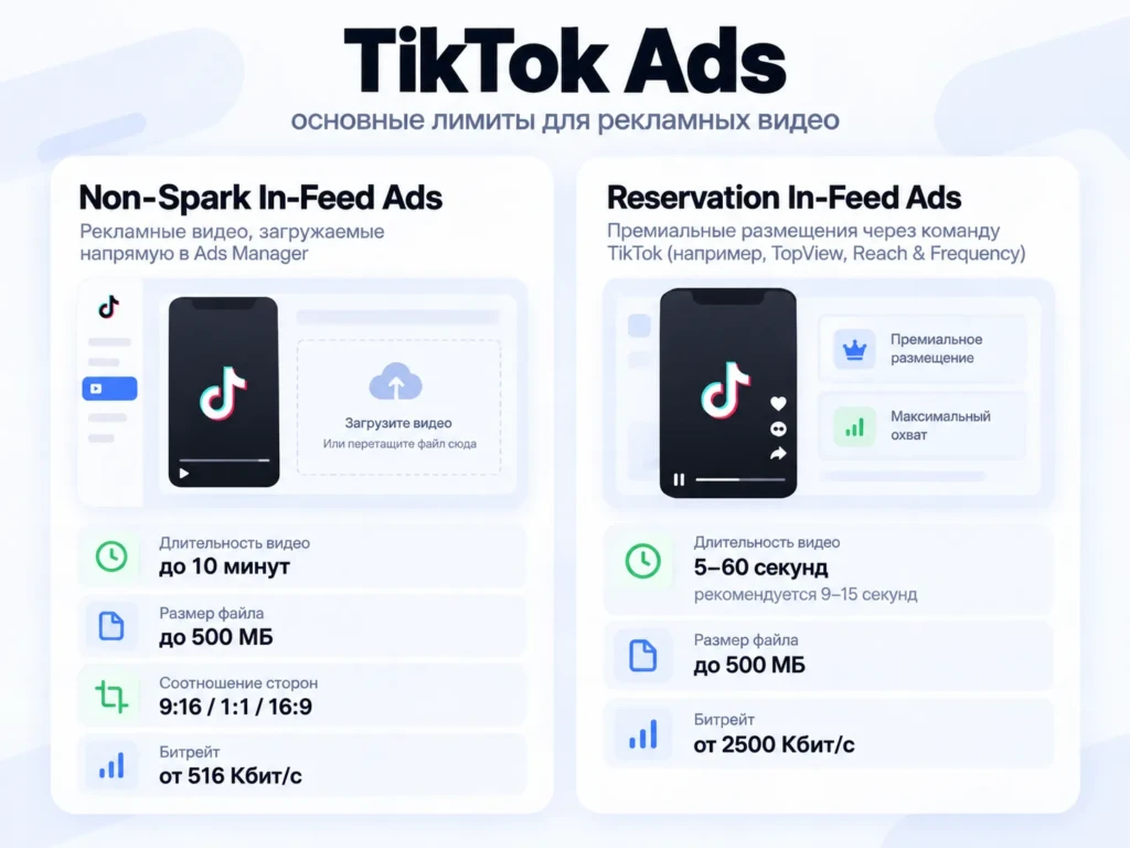 Требования TikTok Ads к рекламным видео: Non-Spark In-Feed до 10 минут и Reservation In-Feed от 5 до 60 секунд