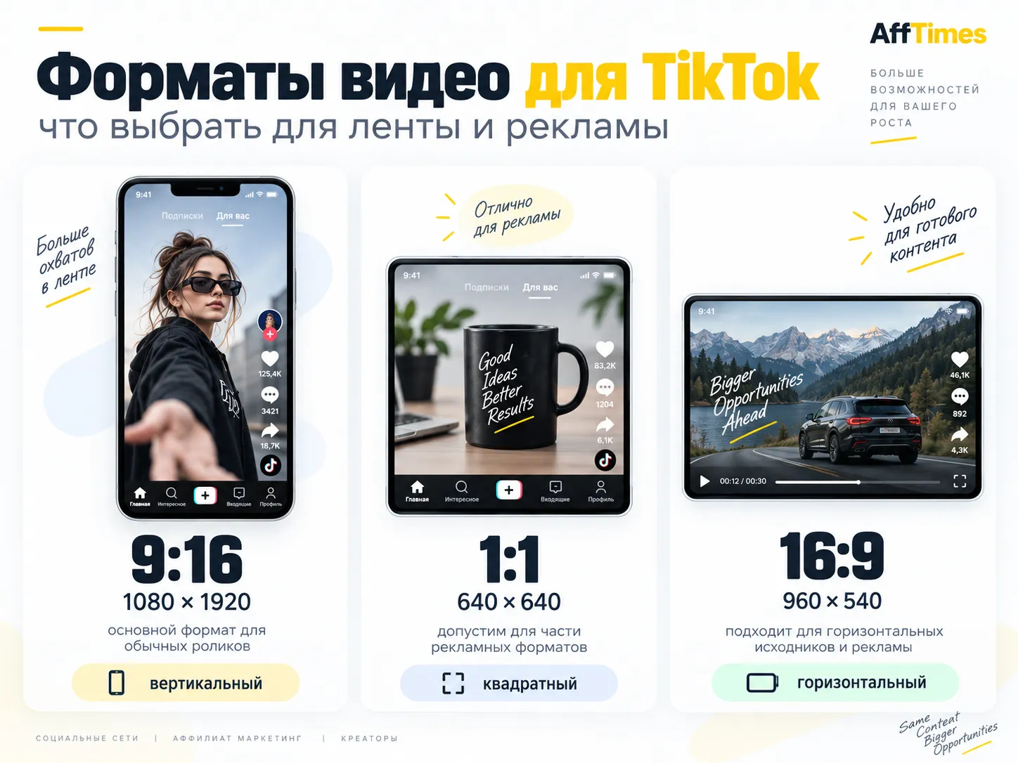 Форматы видео для TikTok: вертикальный 9:16 1080 × 1920, квадратный 1:1 640 × 640 и горизонтальный 16:9 960 × 540