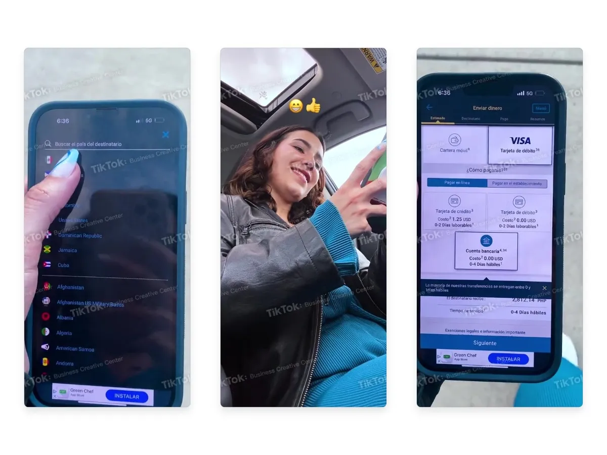 вертикальный tiktok-креатив для мобильного приложения: выбор страны, сюжет с пользователем и экран перевода денег с кнопкой установки