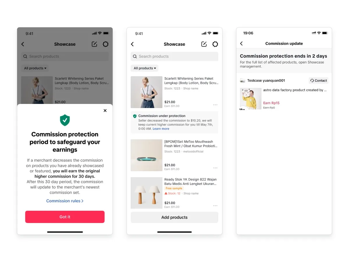 Витрина товаров TikTok Shop для креатора с информацией о комиссии