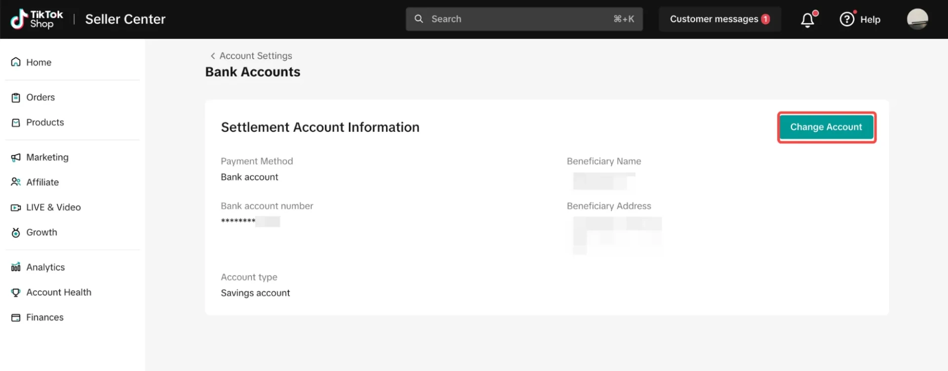 Раздел Bank Accounts в TikTok Shop Seller Center для привязки счета