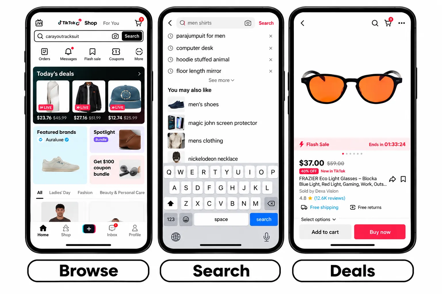 Витрина TikTok Shop, поиск товара и карточка товара в приложении