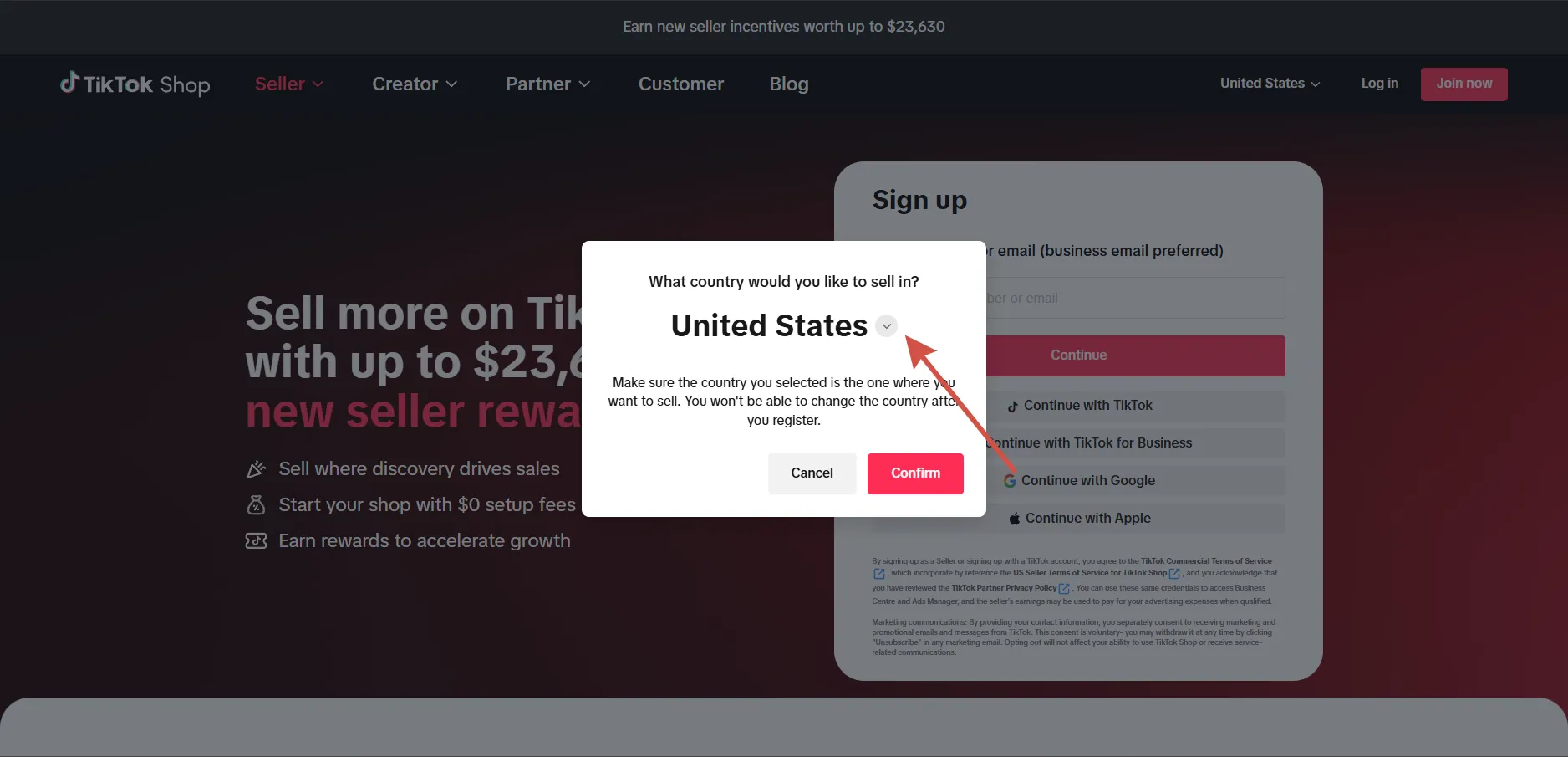 Выбор страны продаж при регистрации в TikTok Shop