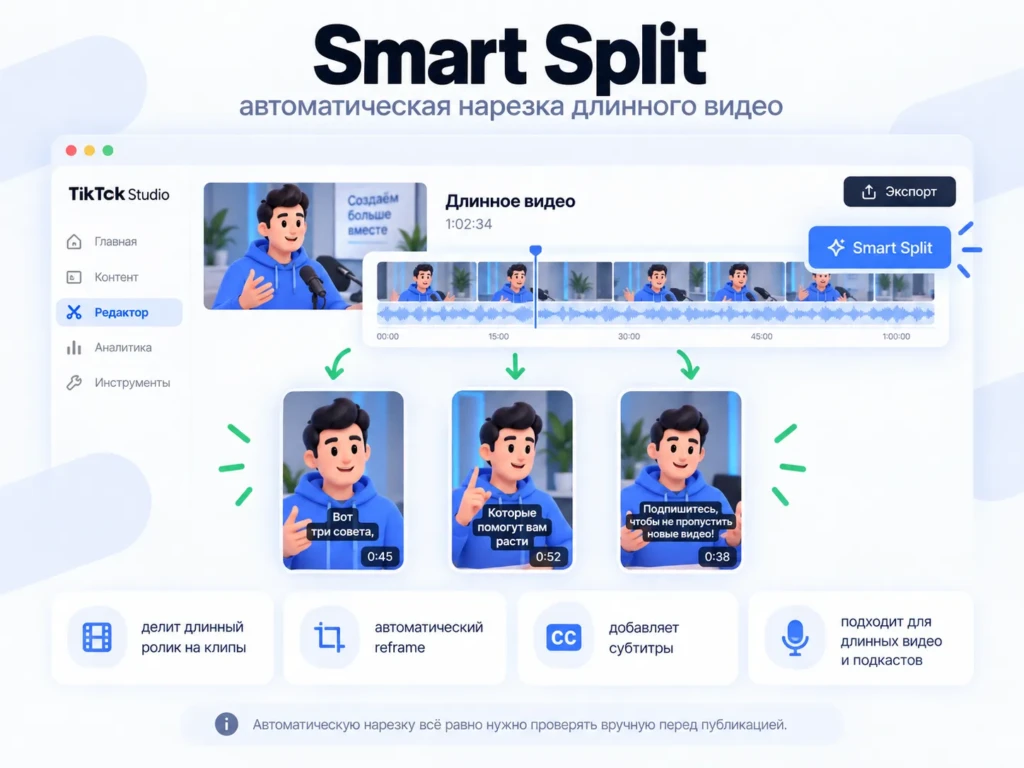 Интерфейс TikTok Studio Smart Split: автоматическая нарезка длинного видео на короткие вертикальные клипы с reframe и субтитрами