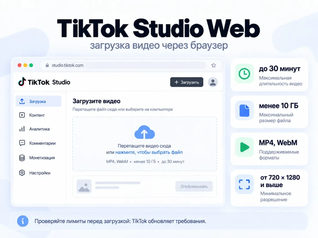 Загрузка видео в TikTok Studio Web: форматы MP4 и WebM, разрешение от 720 × 1280, файл менее 10 ГБ и длительность до 30 минут