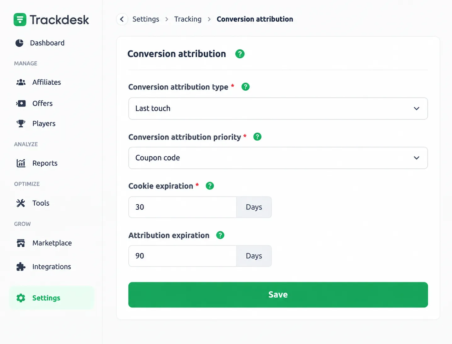 Настройки атрибуции конверсий в Trackdesk