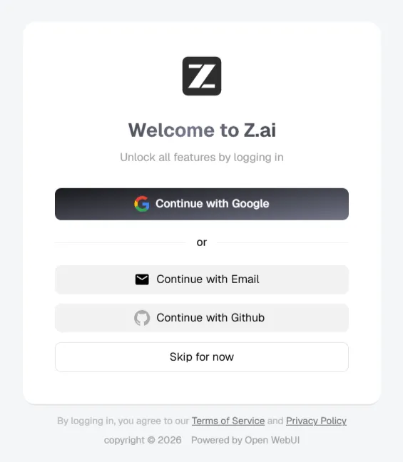Вход в Z.ai через Google, GitHub или электронную почту