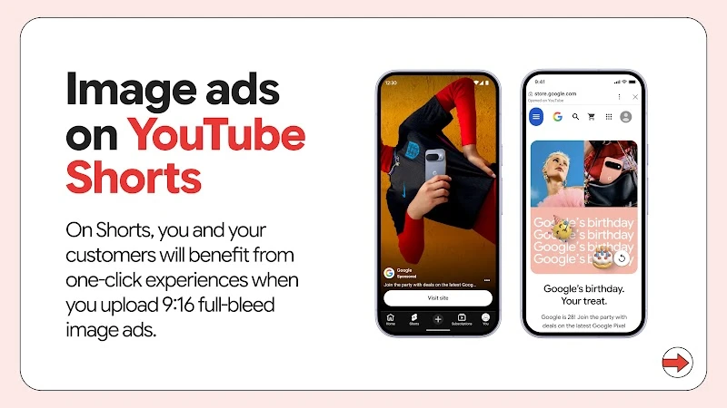 Объявление с изображением в YouTube Shorts и открывшаяся страница Google Store