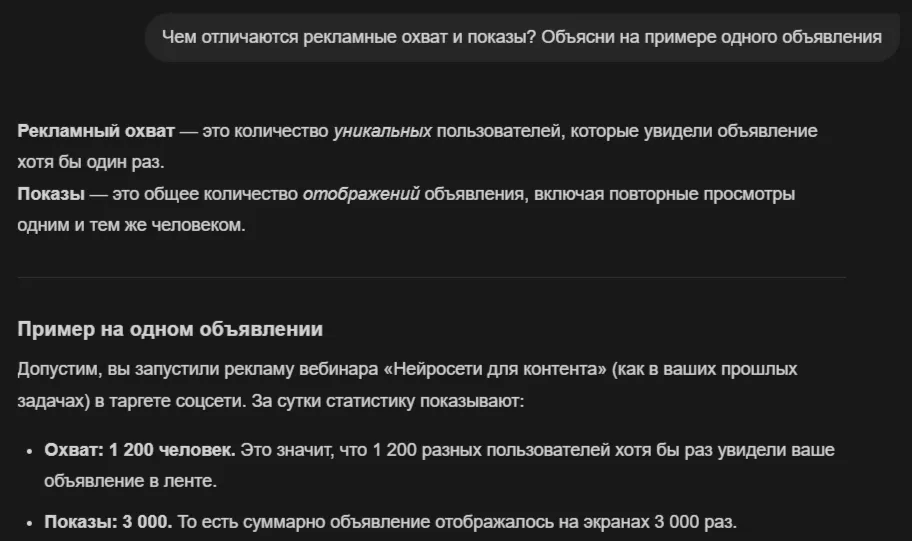Ответ Алисы AI с объяснением разницы между рекламным охватом и показами на примере объявления
